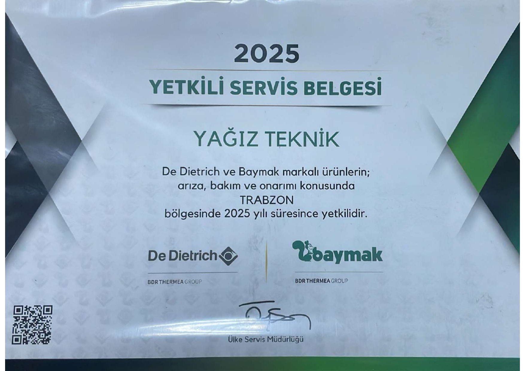 Yağız Teknik 2025 Yetkili Servis Belgesi